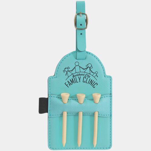 Personalized 5" x 3 1/4" Teal Laserable Leatherette Golf Bag Tag with 3 Wooden Tees Thumbnail