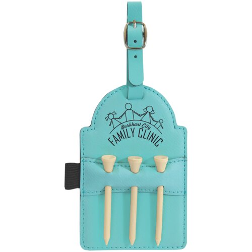Personalized 5" x 3 1/4" Teal Laserable Leatherette Golf Bag Tag with 3 Wooden Tees Thumbnail