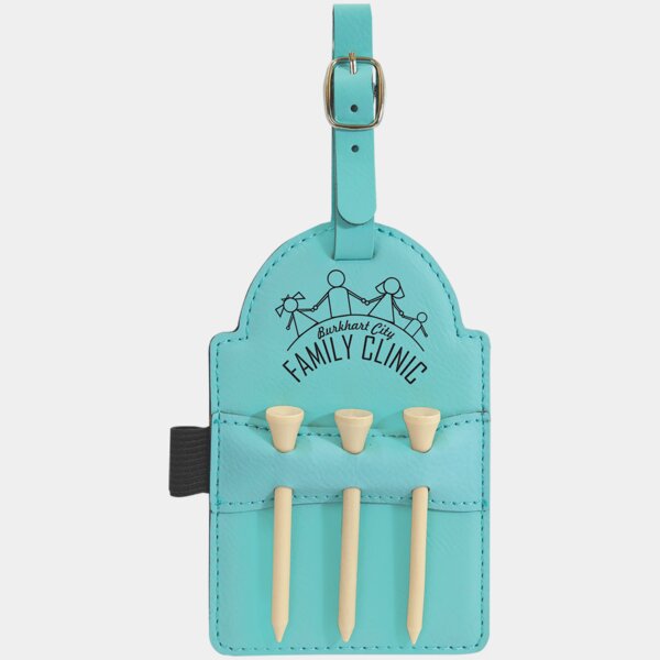 Personalized 5" x 3 1/4" Teal Laserable Leatherette Golf Bag Tag with 3 Wooden Tees Thumbnail
