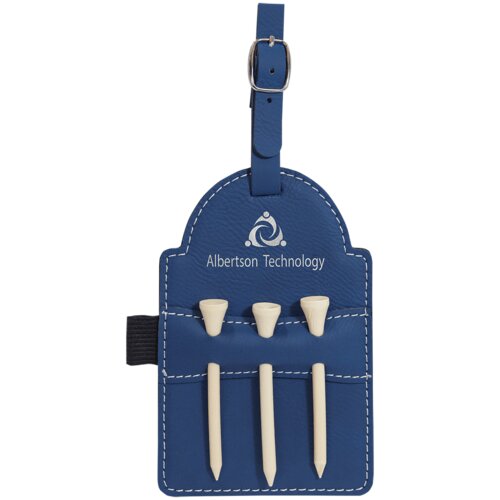 Personalized 5" x 3 1/4" Blue/Silver Laserable Leatherette Golf Bag Tag with 3 Wooden Tees Thumbnail