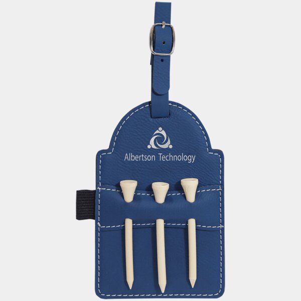 Personalized 5" x 3 1/4" Blue/Silver Laserable Leatherette Golf Bag Tag with 3 Wooden Tees Thumbnail