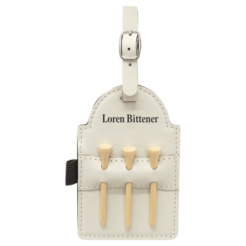 Personalized 5" x 3 1/4" White Laserable Leatherette Golf Bag Tag with 3 Wooden Tees Thumbnail