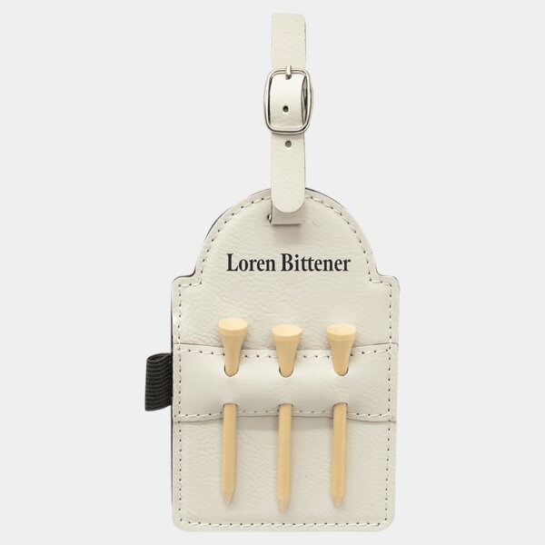 Personalized 5" x 3 1/4" White Laserable Leatherette Golf Bag Tag with 3 Wooden Tees Thumbnail