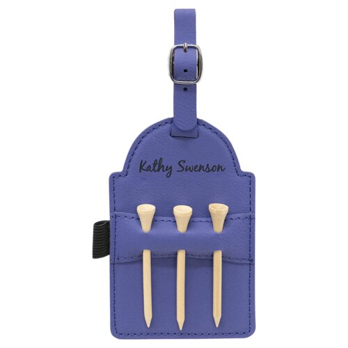 Personalized 5" x 3 1/4" Purple Laserable Leatherette Golf Bag Tag with 3 Wooden Tees Thumbnail