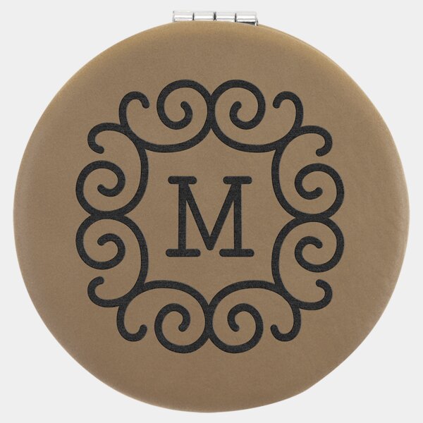 Personalized 2 1/2" Light Brown Laserable Leatherette Compact Mirror Thumbnail