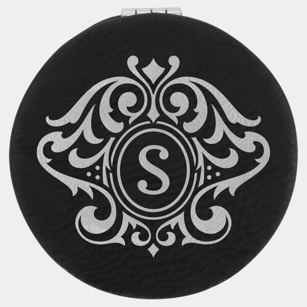 Personalized 2 1/2" Black/Silver Laserable Leatherette Compact Mirror Thumbnail