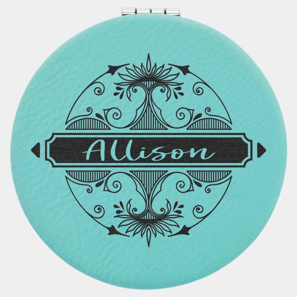 Personalized 2 1/2" Teal Laserable Leatherette Compact Mirror Thumbnail