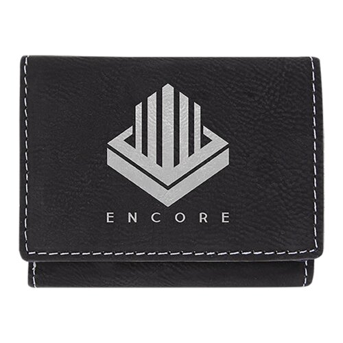 Personalized 3" x 4" Black/Silver Laserable Leatherette Trifold Wallet Thumbnail