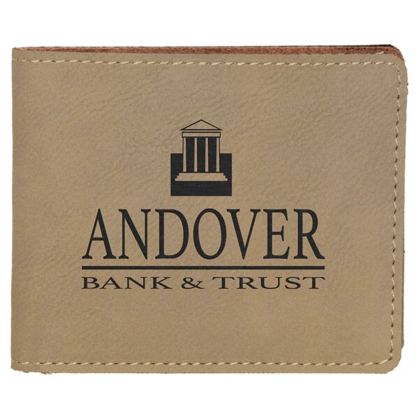 Personalized 4 1/2" x 3 1/2" Light Brown Laserable Leatherette Bifold Wallet Thumbnail