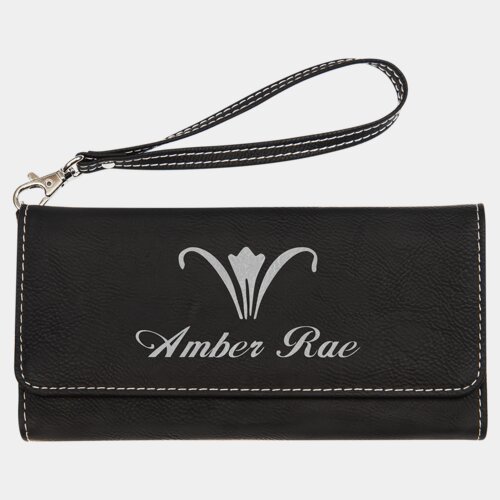 Personalized 7 1/2" x 4" Black/Silver Laserable Leatherette Wallet with Strap Thumbnail