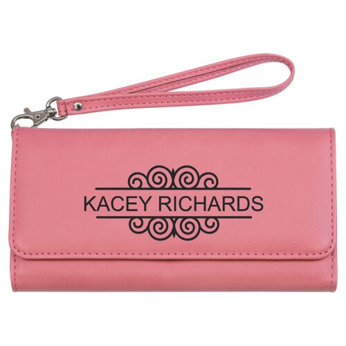 Personalized 7 1/2" x 4" Pink Laserable Leatherette Wallet with Strap Thumbnail