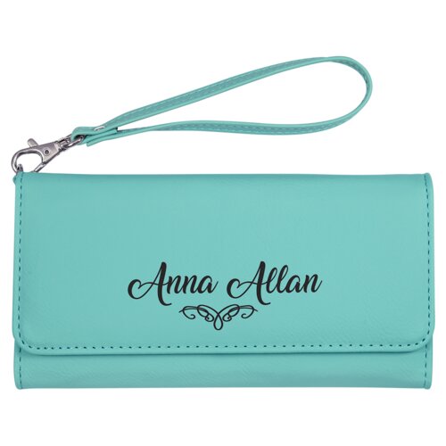 Personalized 7 1/2" x 4" Teal Laserable Leatherette Wallet with Strap Thumbnail