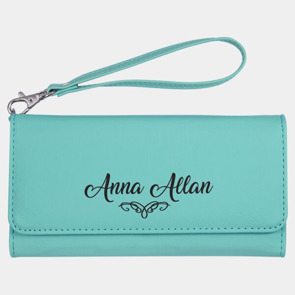Personalized 7 1/2" x 4" Teal Laserable Leatherette Wallet with Strap Thumbnail