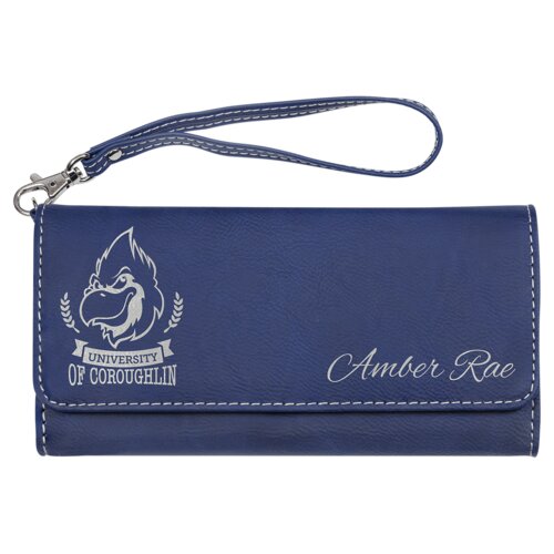 Personalized 7 1/2" x 4" Blue/Silver Laserable Leatherette Wallet with Strap Thumbnail
