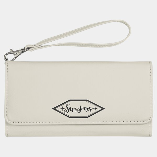 Personalized 7 1/2" x 4" White Laserable Leatherette Wallet with Strap Thumbnail