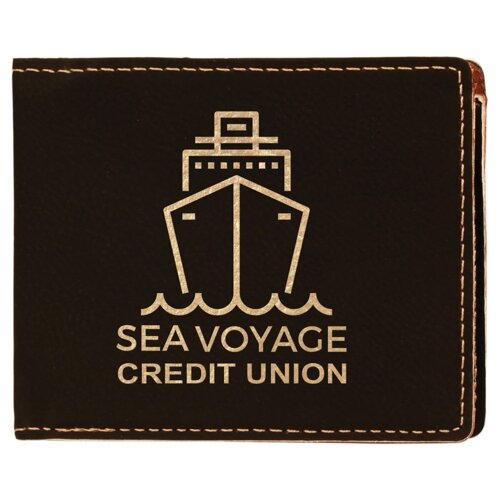Personalized 4 1/2" x 3 1/2" Black/Gold Laserable Leatherette Bifold Wallet Thumbnail