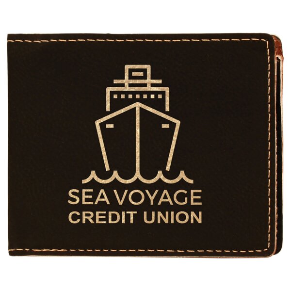 Personalized 4 1/2" x 3 1/2" Black/Gold Laserable Leatherette Bifold Wallet Thumbnail