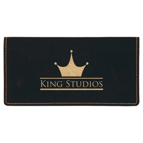 Personalized 6 3/4" x 3 1/2" Black/Gold Laserable Leatherette Checkbook Cover Thumbnail
