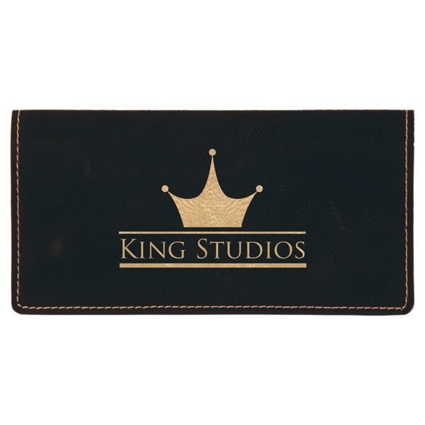 Personalized 6 3/4" x 3 1/2" Black/Gold Laserable Leatherette Checkbook Cover Thumbnail