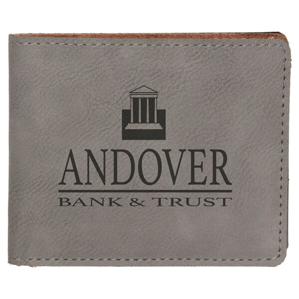 Personalized 4 1/2" x 3 1/2" Gray Laserable Leatherette Bifold Wallet Thumbnail