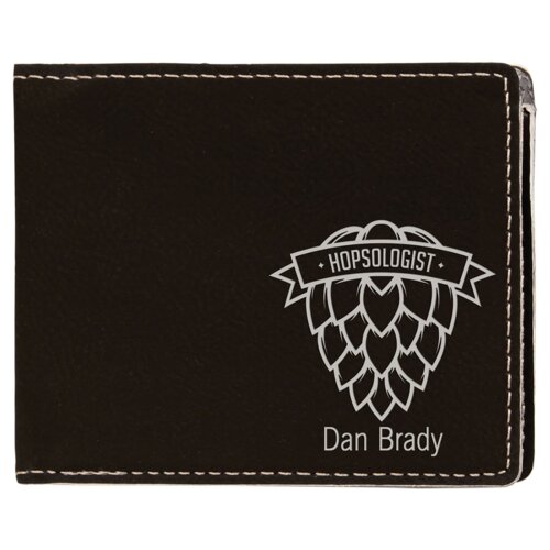 Personalized 4 1/2" x 3 1/2" Black/Silver Laserable Leatherette Bifold Wallet Thumbnail