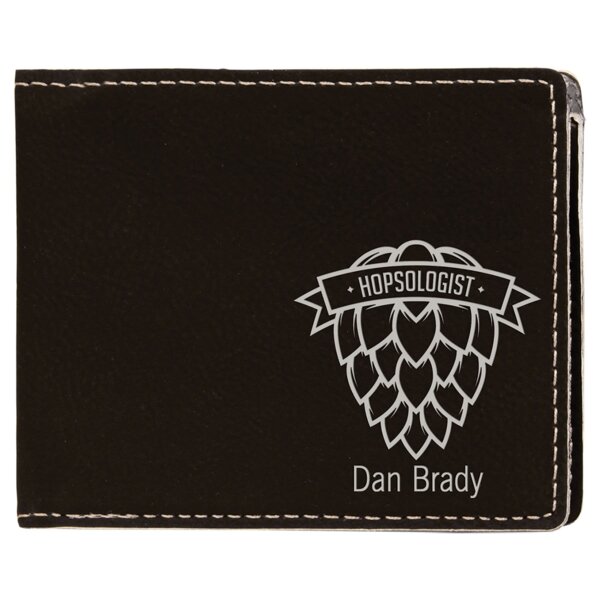 Personalized 4 1/2" x 3 1/2" Black/Silver Laserable Leatherette Bifold Wallet Thumbnail