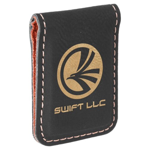 Personalized 1 3/4" x 2 1/2" Black/Gold Laserable Leatherette Money Clip Thumbnail