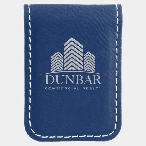 Personalized 1 3/4" x 2 1/2" Blue/Silver Laserable Leatherette Money Clip Thumbnail