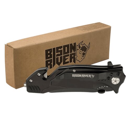 Personalized Bison River 4 1/2" Black Rescue Knife Thumbnail