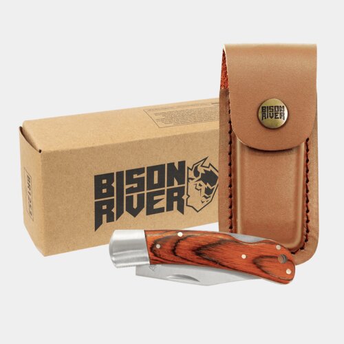 Personalized Bison River 4" Wood Folding Knife with Leather Sheath Thumbnail
