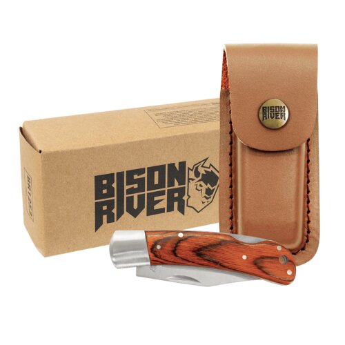 Personalized Bison River 4" Wood Folding Knife with Leather Sheath Thumbnail