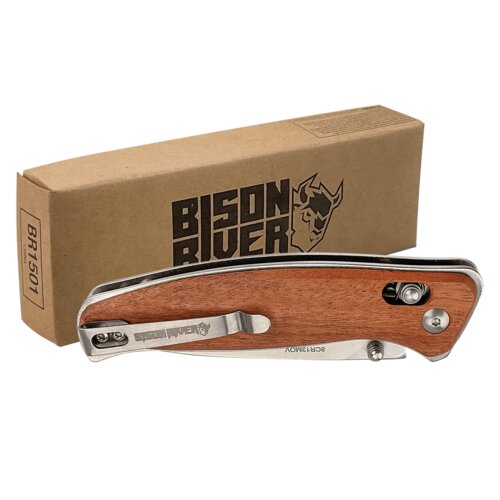 Personalized Bison River 4 1/2" Wood Button Lock Folding Knife Thumbnail