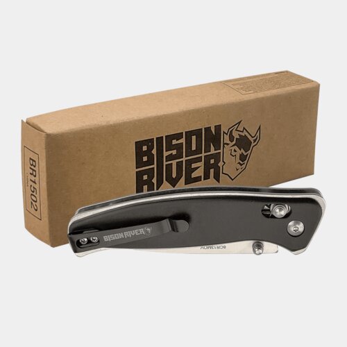 Personalized Bison River 4 1/2" Black Button Lock Folding Knife with Clip Thumbnail