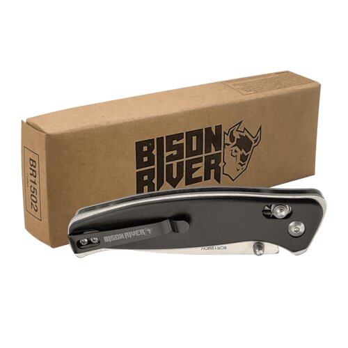Personalized Bison River 4 1/2" Black Button Lock Folding Knife with Clip Thumbnail