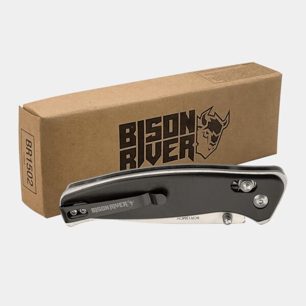 Personalized Bison River 4 1/2" Black Button Lock Folding Knife with Clip Thumbnail