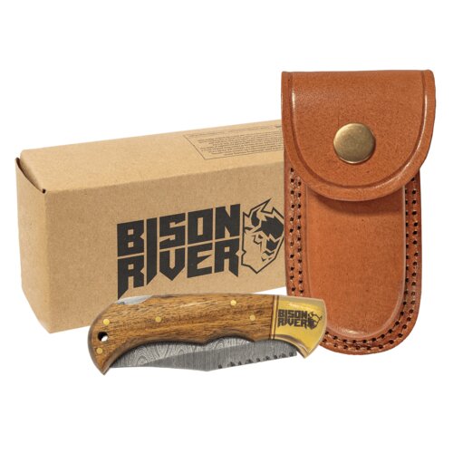 Personalized Bison River 3 3/4" Wood Folding Knife with Damascus Steel Blade and Leather Sheath Thumbnail