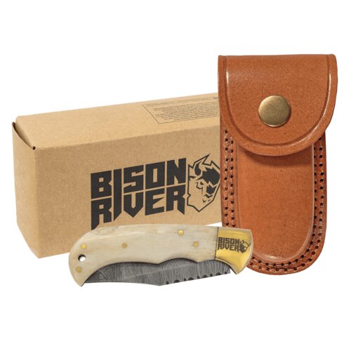 Personalized Bison River 3 3/4" Bone Folding Knife with Damascus Steel Blade and Leather Sheath Thumbnail