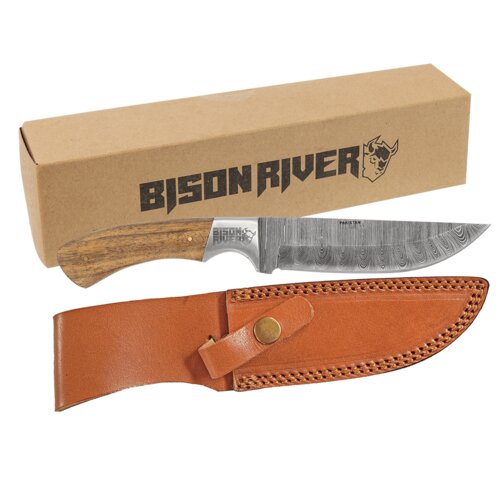 Personalized Bison River 9 1/2" Fixed Blade Wood Knife with Damascus Steel Blade and Leather Sheath Thumbnail