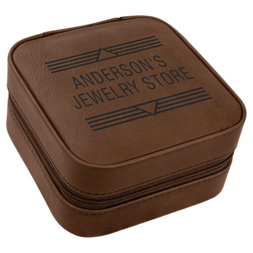 Personalized 4" X 4" Dark Brown Laserable Leatherette Travel Jewelry Box with Tan Lining Thumbnail
