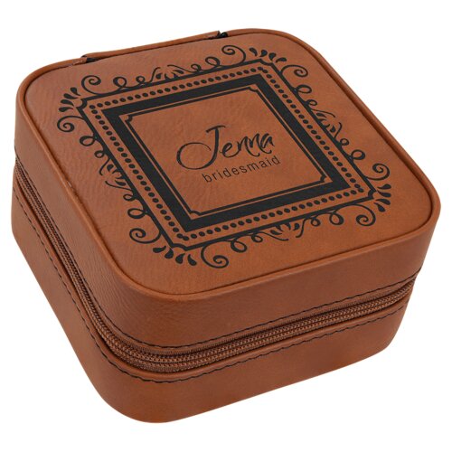 Personalized 4" X 4" Rawhide Laserable Leatherette Travel Jewelry Box with Tan Lining Thumbnail