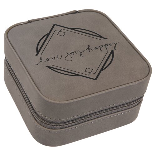 Personalized 4" X 4" Gray Laserable Leatherette Travel Jewelry Box with Tan Lining Thumbnail