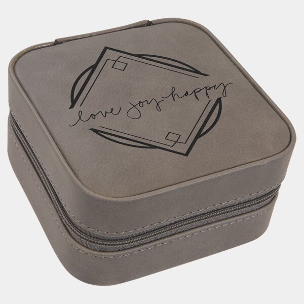 Personalized 4" X 4" Gray Laserable Leatherette Travel Jewelry Box with Tan Lining Thumbnail