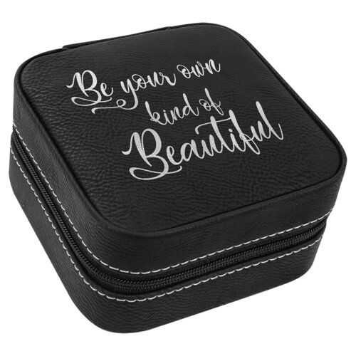 Personalized 4" x 4" Black/Silver Laserable Leatherette Travel Jewelry Box with Tan Lining Thumbnail
