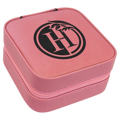 Personalized 4" X 4" Pink Laserable Leatherette Travel Jewelry Box with Tan Lining Thumbnail