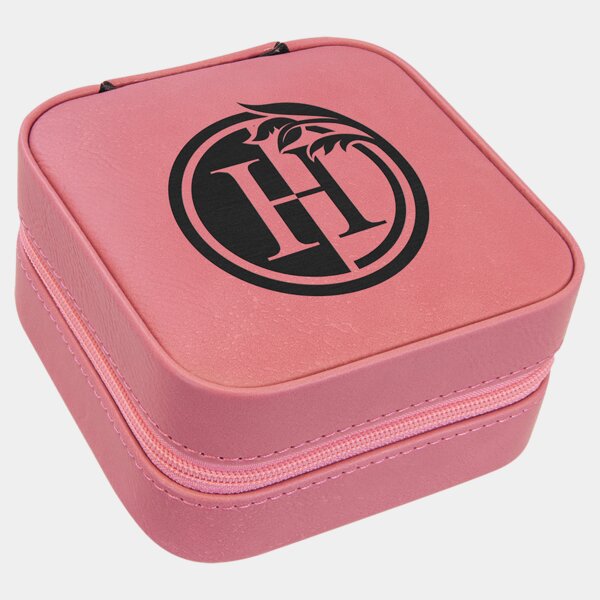 Personalized 4" X 4" Pink Laserable Leatherette Travel Jewelry Box with Tan Lining Thumbnail