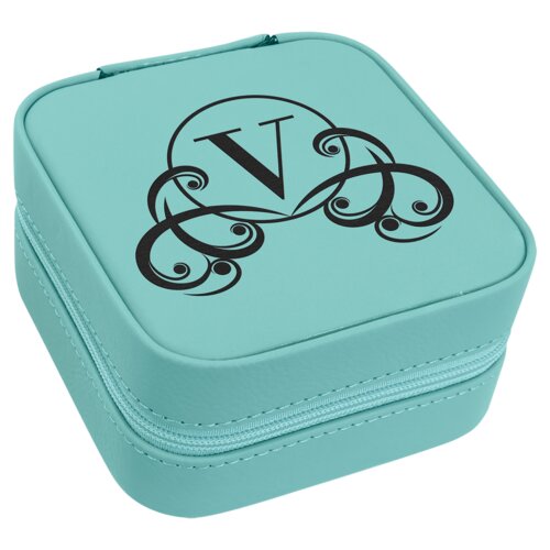 Personalized 4" X 4" Teal Laserable Leatherette Travel Jewelry Box with Tan Lining Thumbnail