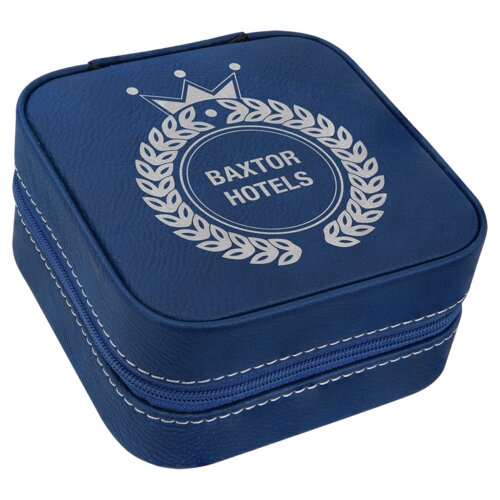 Personalized 4" X 4" Blue/Silver Leatherette Travel Jewelry Box with Tan Lining Thumbnail