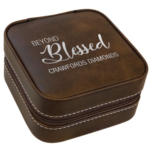 Personalized 4" X 4" Rustic/Silver Leatherette Travel Jewelry Box with Tan Lining Thumbnail