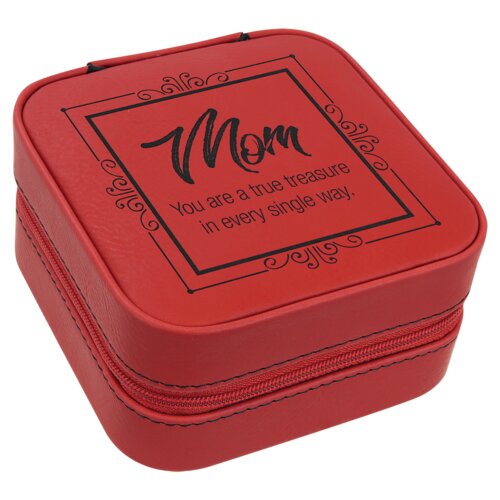Personalized 4" X 4" Red Laserable Leatherette Travel Jewelry Box with Tan Lining Thumbnail
