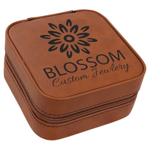 Personalized 4" X 4" Rawhide Laserable Leatherette Travel Jewelry Box with Black Lining Thumbnail